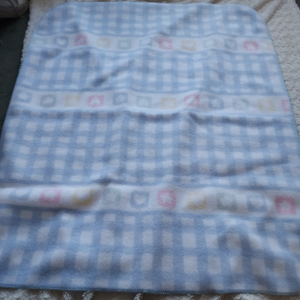 Checked Hearts Stars Baby Blanket Soft Blue Snuggly Cozy 34x42 Lovey Crib Size